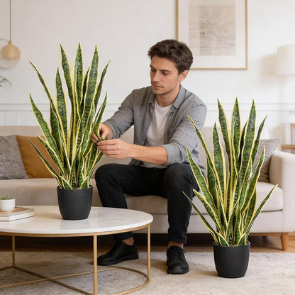 Artificial Snake Plant, 27" Fake Sansevieria with Basket, Faux Plant for Indoor Home Office Desktop Decoration, Perfect Faux Mother in Law Plants 2PCS