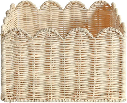 Scalloped Edge Basket, Wicker Storage Baskets, Hand Woven Baskets for Shelves,Natural Baskets for Organizing (S+M-Rattan)