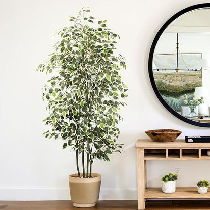 6 FT Artificial Ficus Tree 600 Leaves Faux Plants Indoor Tall with Black Pot Large Fake Tree for Home Office Living Room Decor