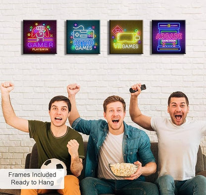 BLINFEIRU Game Room Decor Wall Art Video Gaming Pictures Canvas Prints 4 Piece Cool Pop Gaming Posters for Teen Room Boys Bedroom Framed Ready to Hang 12"x12"x4