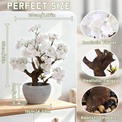 TOARTi Artificial White Cherry Blossom Potted Plant with Stone Pot, 12.6" Fake Flowers Potted Faux Plant Desk Decor, Realistic Decorative Plants Indoor Decor for for Home Bedroom Bathroom Office Desk