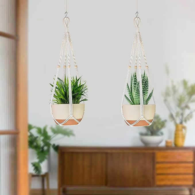Macrame Plant Hanger Indoor with Wood Beads and No Tassels,35 Inch Extra Long Strong Hanging Planter Flower Pot Holder Boho Home Decor,Set of 2,Ivory(Pots Not Included)