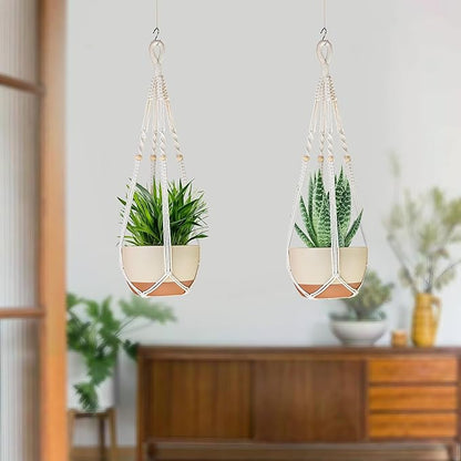 Macrame Plant Hanger Indoor with Wood Beads and No Tassels,35 Inch Extra Long Strong Hanging Planter Flower Pot Holder Boho Home Decor,Set of 2,Ivory(Pots Not Included)
