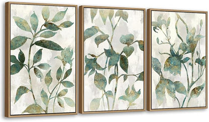 Large Framed Canvas Wall Art - Natural Float Framed Rustic Green Flowers Leaves Pictures Paintings White Grey Artwork Decor for Bedroom Living Room Kitchen Home Office Decoration 96" X 48" Set of 3