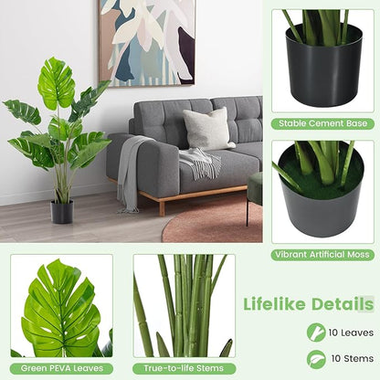 GOFLAME Artificial Monstera Deliciosa Plant, 4ft Potted Faux Tree with 10 Verdant Fake Leaves, Swiss Cheese Plant for Home Decor Indoor, Outdoor, Home, Office, 2 Pack