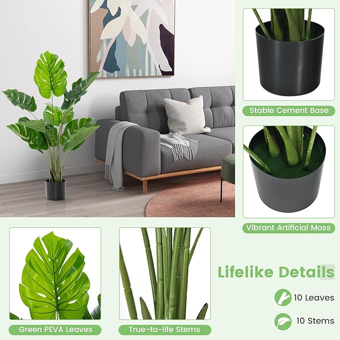 GOFLAME Artificial Monstera Deliciosa Plant, 4ft Potted Faux Tree with 10 Verdant Fake Leaves, Swiss Cheese Plant for Home Decor Indoor, Outdoor, Home, Office, 1 Pack