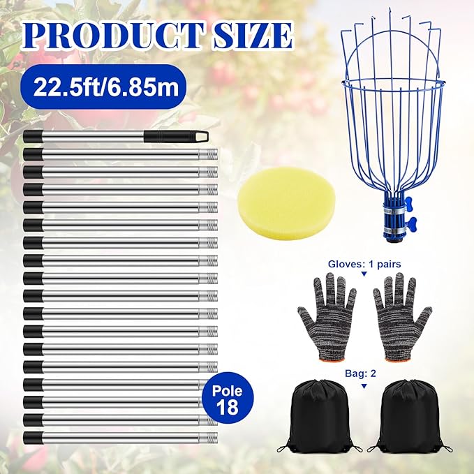 22.5ft Adjustable Fruit Picker Pole with Basket Long Handle with Storage Bag and Gloves Fruit Picker Equipment for Lemons Apples Avocados Picking (Blue)