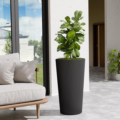 Tall Outdoor Planter Front Porch Decor Set of 2-23.6" H Tall Planters for Outdoor Plants with Drainage Hole, Round Conical Design Flower Pots for Indoor/Patio/Garden, Black