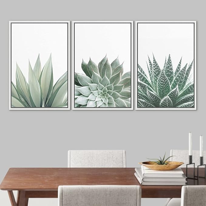 Ashbrook Framed Canvas Print Wall Art Set Green Desert Cactus Succulent Variety Nature Wilderness Photography Modern Art Minimal Chic Colorful for Living Room, Bedroom, Office - 24"x36"x3 White