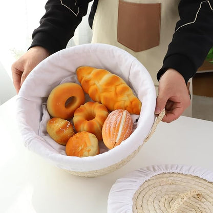 YAHUAN Round Bread Basket Serving Woven Bread Baskets Wicker Baskets Sourdough Proofing Basket with Removable Liner and Cover (Corn husk)