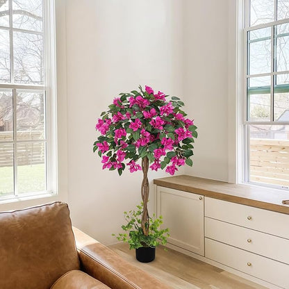 Briful 3.94FT Artificial Bougainvillea Tree in Pot – Faux Silk Bougainvillea Floral Tree Decorative Pink Fake Trees for Home Office Living Room Indoor Outdoor Décor