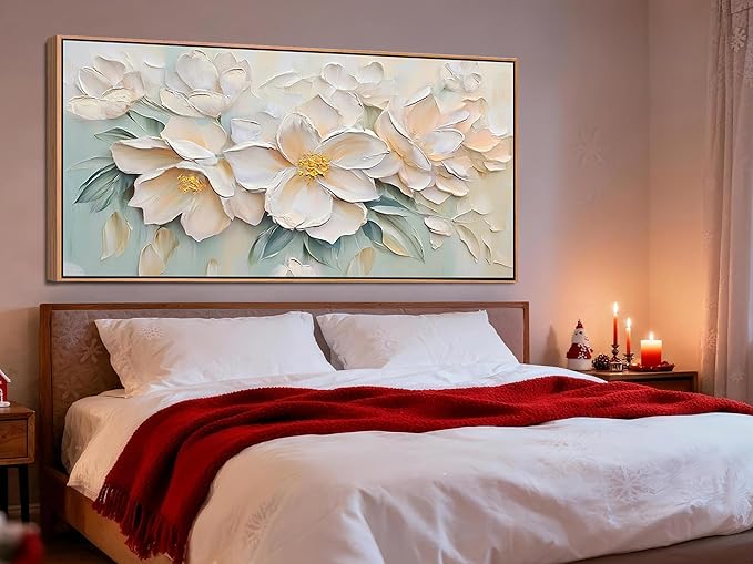 Anolyfi Botanical Framed Textured Canvas Wall Art for Living Room, Modern Aesthetic Sage Florals Painting, Large Framed Wall Art for Hallway Bedroom Dining Room Office Home Decor, 48"x24"