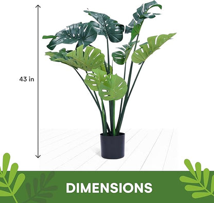 Flybold Artificial Monstera Plant - Fake Monstera Deliciosa Plant - 43 inches with 12 Large Leaves - Indoor/Outdoor Home or Office Decor - Odorless Tropical, Palm Tree Like Faux Plants