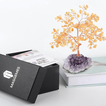 Natural Citrine Crystal Tree with Amethyst Geode Base,Healing Crystals Feng Shui Bonsai Money Tree,Chakra Balancing Positive Energy Home Decor 5.5"-6.3"