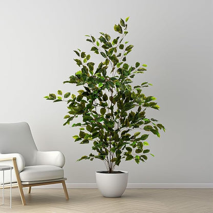 Artificial Ficus Tree Indoor 4ft, Large Potted Faux Tree with Realistic Silk Leaves & Trunk for Home Office, Living Room Corner Decor