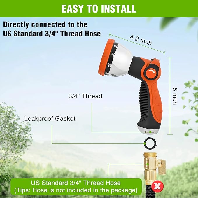 Yesker Garden Hose Nozzle Water Hose Sprayer Nozzle Adjustable 10 Spray Patterns Heavy Duty Metal Nozzles Thumb Control w Non-Slip Grip for Outdoor Watering Plants Lawn Washing Car Pets Black & Orange