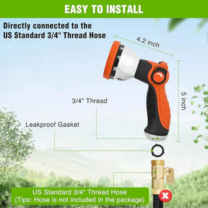 Yesker Garden Hose Nozzle Water Hose Sprayer Nozzle Adjustable 10 Spray Patterns Heavy Duty Metal Nozzles Thumb Control w Non-Slip Grip for Outdoor Watering Plants Lawn Washing Car Pets Black & Orange