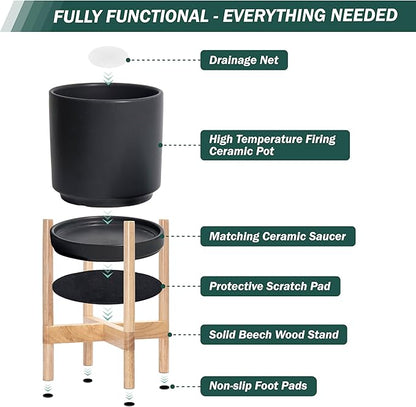 D'vine Dev Ceramic Planter with Natural Stand - 10 Inch Modern Round Flower Pot with Wood Planter Holder, Black, 55-B-K-2