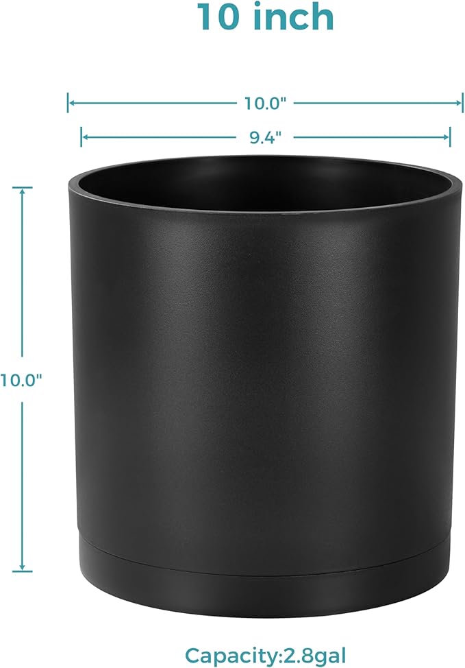 FaithLand 10-Inch Modern Cylinder Planter, Thick-Walled Plastic Plant Pot with Drainage Holes and Detachable Saucer, Matte Black, Ideal for Indoor & Outdoor Plants Flowers