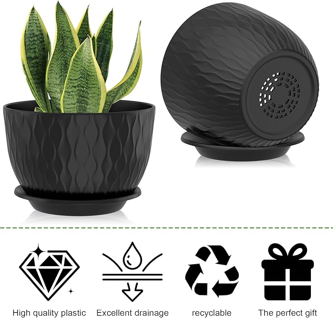 12/10/9 Inch Planter Pots, 3-Pack Large Flower Pots for Indoor Outdoor Garden Plants, Big Plant Pots with Multi Mesh Drainage Holes and Saucer (Black, 12"+10"+9")