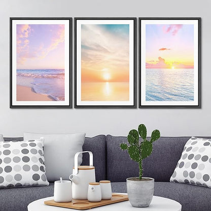 Ashbrook Framed Wall Art Print Set Pastel Dawn Sunset Ocean Beach Wave Landscape Nature Wilderness Photography Modern Art Scenic Colorful Chic for Living Room, Bedroom, Office - 24"x36"x3 Black