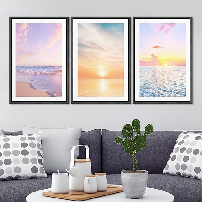 Ashbrook Framed Wall Art Print Set Pastel Dawn Sunset Ocean Beach Wave Landscape Nature Wilderness Photography Modern Art Scenic Colorful Chic for Living Room, Bedroom, Office - 16"x24"x3 Black
