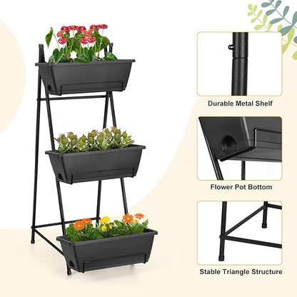 3 Tier Vertical Garden Planter Small Raised Garden Bed Freestanding Plastic Raised Planter Boxes Herb Planter Stand with Removable Tray for Indoor Outdoor Herbs Flowers Vegetables Plants Grey