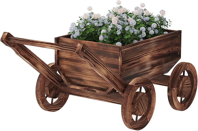 Wooden Flower Cart with Wheels Wooden Wagon Planter Outdoor Garden Planter Decor Planter for Patio Balcony Trolley Decoration Succulent Flower Pot, Indoor Backyard Balcon Decor（S）