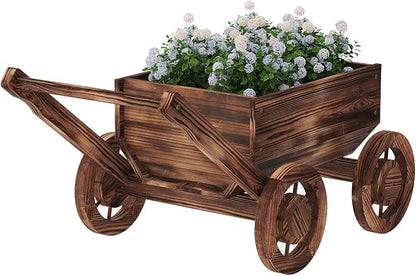 Wooden Flower Cart with Wheels Wooden Wagon Planter Outdoor Garden Planter Decor Planter for Patio Balcony Trolley Decoration Succulent Flower Pot, Indoor Backyard Balcon Decor（S）