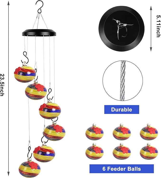 Charming Wind Chimes Hummingbird feeders for Outdoors Hanging ant and bee Proof,Never Leak,Perfect Garden Decor for Outside(Rainbow)