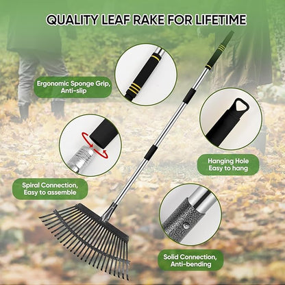 Rake Heavy Duty 6FT Long Garden Rake , 18.5 Inch Wide, 25 Metal Tines, Adjustable Stainless Steel Handle, Leaf Rakes for Leaves, Yards, Grass, Garbage, Weeds, Debris (Black)