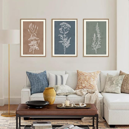 HLNIUC Neutral Botanical Framed Wall Art Set, Boho Minimalist Plant Canvas Wall Decor, Vintage Leaf Wall Painting, Nature Floral Silhouette Art Print for Bedroom, Living Room, Study - 16”x24”x3
