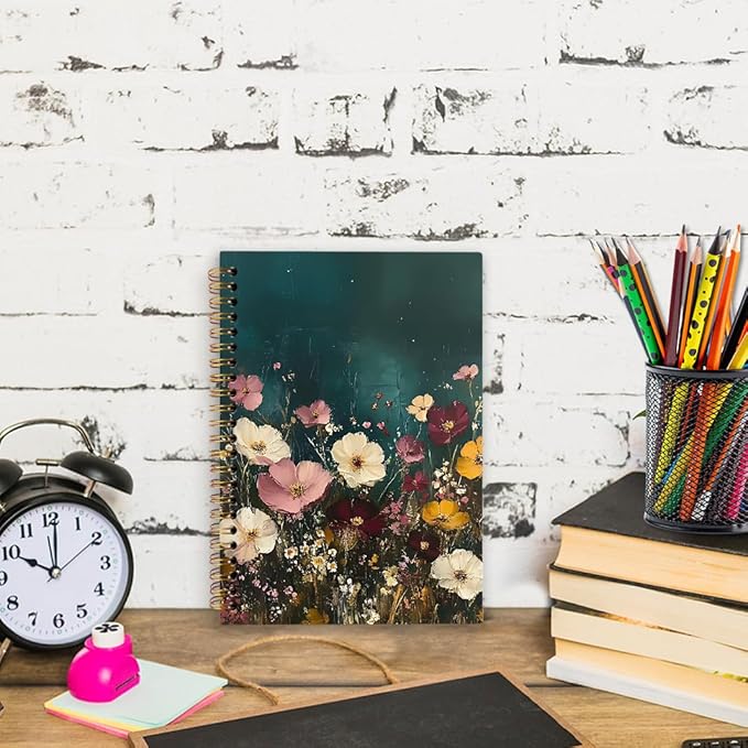 nvucamd Vintage Floral Spiral Notebook, Dark Green Cottagecore Wildflower Botanical Journal Notebook, Retro Moody Flower Journaling Notebooks for Women, Floral Gifts Office Supplies, 5.5x8.3 Inch