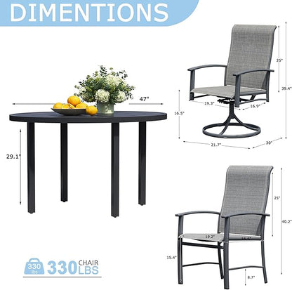 7 Piece Outdoor Dining Set, 47" Black Round Outdoor Dining Table with 2 Grey Swivel Outdoor Dining Chairs and 4 Fixed Patio Table and Chair Set of 6 for Lawn, Garden, or Porch