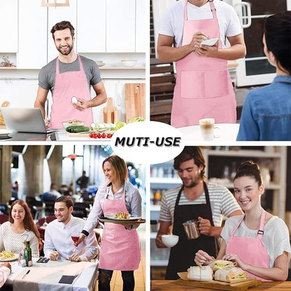 4 Packs Chef Apron with 2 Pockets, Waterproof Adjustable Apron for Men Women Perfect for Kitchen Cooking Baking Gardening Restaurant BBQ Coffee House, Professional Apron (Pink)
