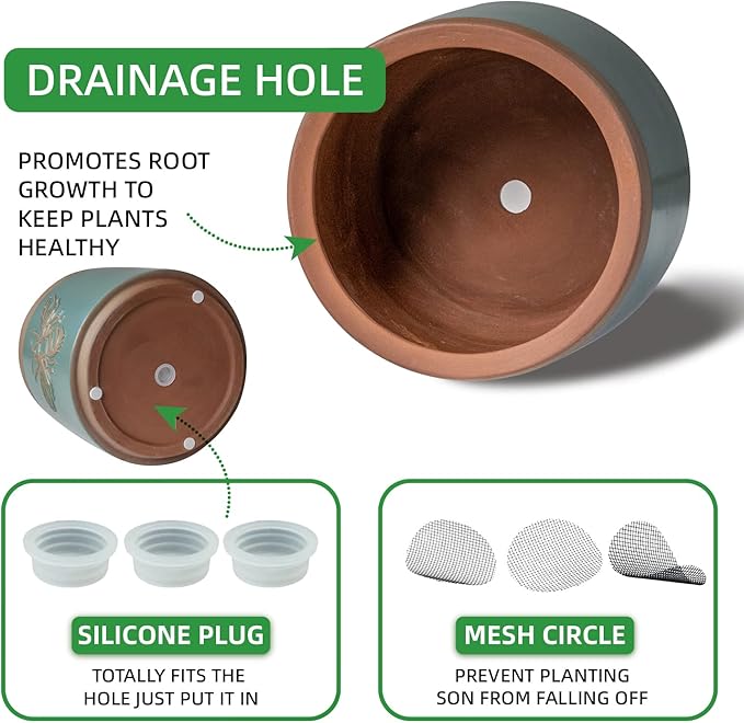 YBX Terracotta Pots Inch with Drainage Holes, Bee Decor, Ceramic Pots for Indoor Plants Flower Pots Outdoor, Succulent, Herbs, Snake Plants (Turquoise, 8+6+4 Inch)