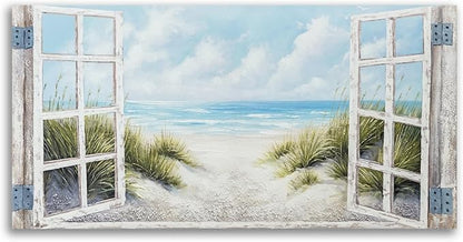 Window Beach Wall Art Prints Large tropical Seascape Picture Coastal Ocean Landscape Canvas Bedroom Blue Ocean Artwork Relaxing Living Room Sea Scene Painting Horizontal Summer Seascape Decor 48 x 24