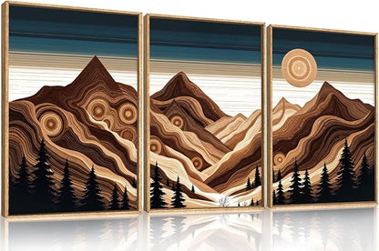 Large Abstract Mountain Woodcut Framed Canvas Wall Art,Modern Tree Ring Wall Decor,Sunrise Ridge Scenery Painting,Retro Desert Artwork for Living Room,Bedroom,Dining Room,Office -16"x24"x3