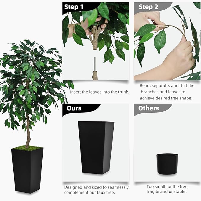 Artificial Ficus Tree 5FT - Faux Indoor Tree with Gray Tall Planter - Fake Ficus Floor Plant Potted - Artificial Silk Tree for Home Office Living Room Decor Indoor
