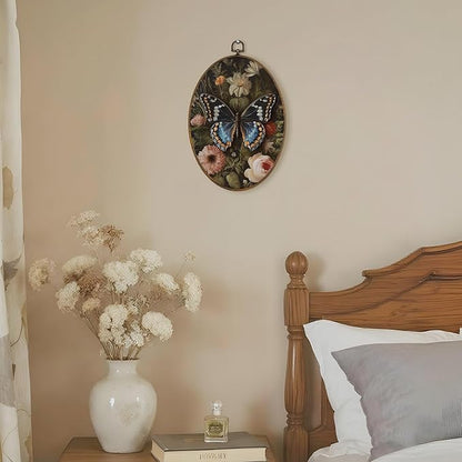 LKETW Vintage Butterfly Floral Oval Wall Art Decor, William Morris Butterfly Oval Canvas Hanging Decor, Cottagecore Moth Flower Botanical Wall Decorations for Home Bedroom Living Room, 8.6x11.4 Inch