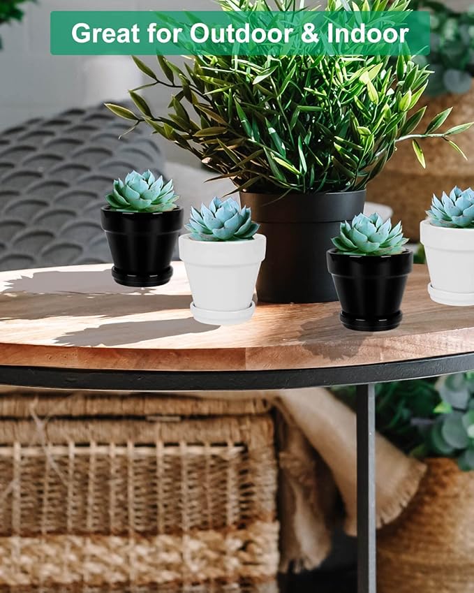 vensovo 4 Inch White Ceramic Pot for Plant with Saucer - 6 Pack Small Ceramic Plant Pot with Drainage Hole, Flower Pot with Tray, Succulent Pot for Indoor Outdoor Plant