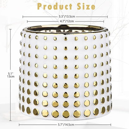 Ceramic Plant Pots Indoor, 5.7 Inch Planters for Indoor Plants Gold Polka Dots Flower Pots with Drainage Hole, Cylinder Round Planters, Gold and White