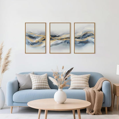 Large Abstract Navy Blue Gold Framed Canvas Wall Art,Watercolor Brush Stroke Wall Decor,Neutral Geometric Wave Artwork,Modern Minimalist Shape Art Print for Living Room,Bedroom,Office-24"x36"x3
