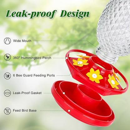 Glass Hummingbird Feeders for Outdoors Hanging Ant and Bee Proof 16OZ 2 Pack Clear Pineapple Humming Bird Feeder with 6 Feeding Ports and Ant Moat Hummingbird Gifts for Women Garden Decor