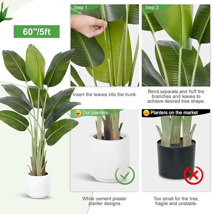 Artificial Bird of Paradise Plant 5Ft Tall Fake Tropical Palm Tree Large Fake Plants with 10 Silk Banana Leaves Faux Plant Indoor Decor Trees with White Pot for Home Bedroom Living Room Office