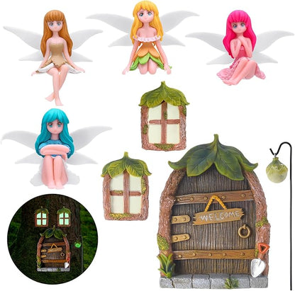 Glowing Miniature Fairy Garden Accessories, 4-Piece Miniature Fairy Figurines Glow in The Dark Fairy Door and Windows for Trees Set, Resin Light Up Sculpture Kit for Outdoor & Indoor Gardens