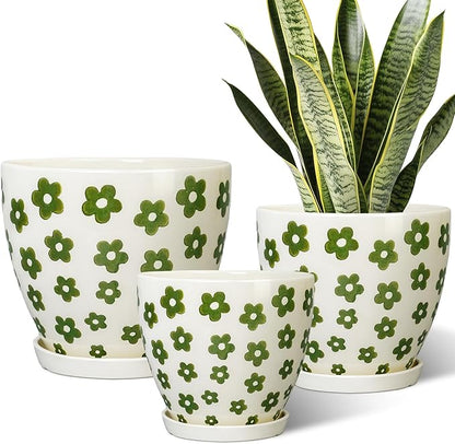 Indoor Plant Pots - 10+8+6 Inch Ceramic Planters for Indoor Plants, Boho Round Ceramic Flower Pots with Drainage Holes and Saucers, Housewarming Gifts, Home Decor, Set of 3, White