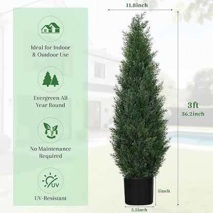 3FT Artificial Cedar Topiary Trees for Outdoors, UV Resistant Fake Cypress Shrubs, Potted Faux Evergreen Outdoor Faux Plants, Artificial Plants Outdoor for Front Porch, Home Decor (Set of 2)