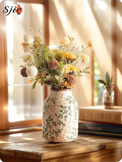 Vintage Ceramic Vase - 7.8 Inch Hand-Painted Flowers with Ice Crackle Glaze Finish, American Farmhouse Style Pitcher Vase for Home Decor, Centerpiece, Shelf, Table, Office