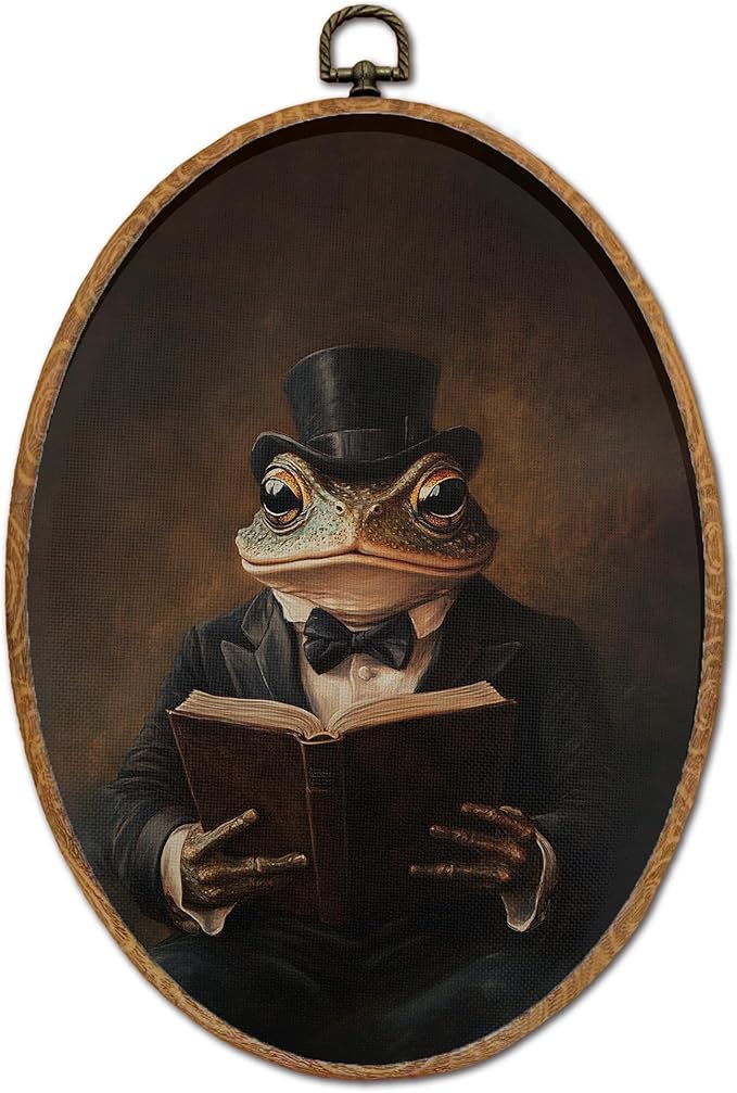 DEQSX Vintage Frog Oval Wall Art, Rustic Moody Dark Academia Whimsical Frog Reading Bookish Wall Decor Canvas Prints Posters for Home Library Reading Room, 8.6x11.4 Inches